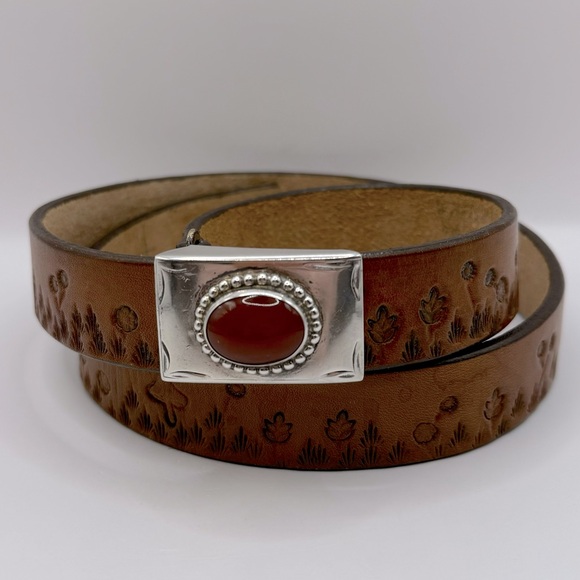 Vintage Accessories - ANSON x WHITCRAFT Vintage Sterling Carnelian Buckle & Tooled Leather Belt
